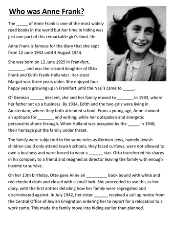 Who was Anne Frank cloze activity | Teaching Resources