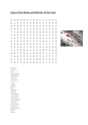 Days of the Week and Months of the Year Wordsearch