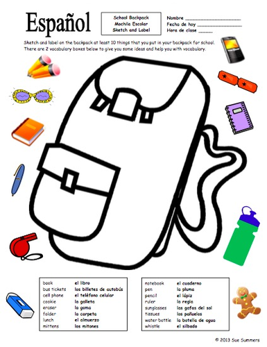 Spanish School Backpack Sketch and Label Activity