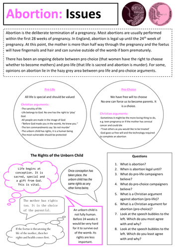 Abortion Issues Worksheet with Christianity Pro Life and Pro Choice