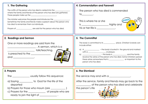 Christian Funerals recording sheet for different parts of Funeral services