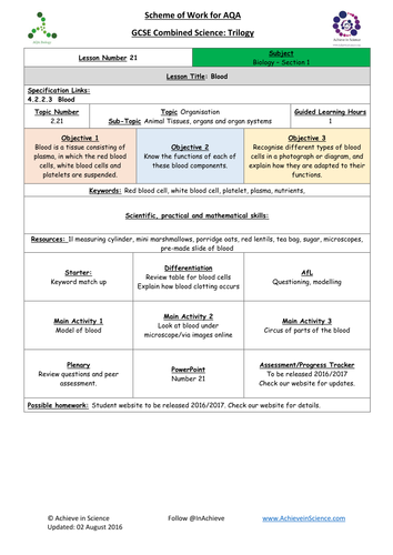 NEW Lesson 21 Blood  Biology Combined Science Trilogy (AQA) – Paper 1