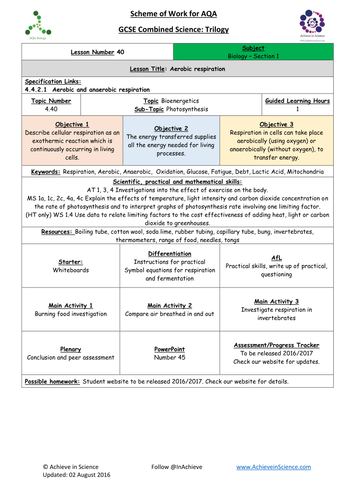 NEW Lesson 40 Aerobic Respiration Biology Combined Science Trilogy (AQA) – Paper 1