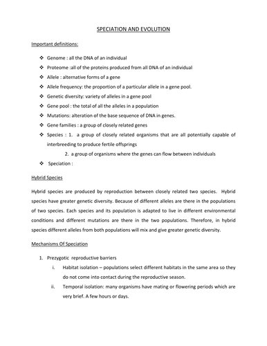 IAL/GCE BIOLOGY UNIT 4 - SPECIATION AND EVOLUTION