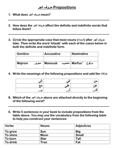 Arabic Prepositions Worksheet