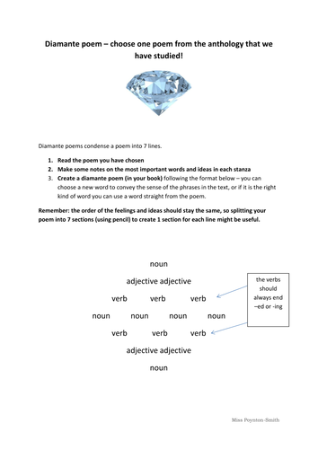 Diamante poem guide worksheet