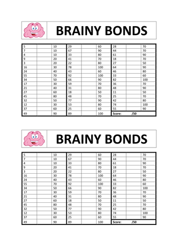 Brainy Bonds Number Bonds 10 100 Challenge Teaching Resources