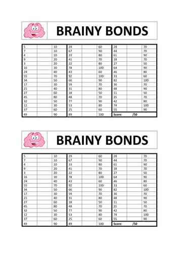 Brainy Bonds - Number Bonds 10-100 Challenge