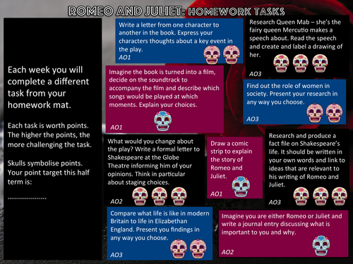 Romeo and Juliet Homework Menu