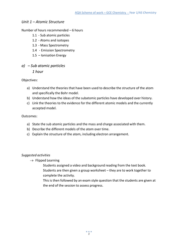 AQA Chemistry year 1/AS unit 1 flipped learning approach SOW