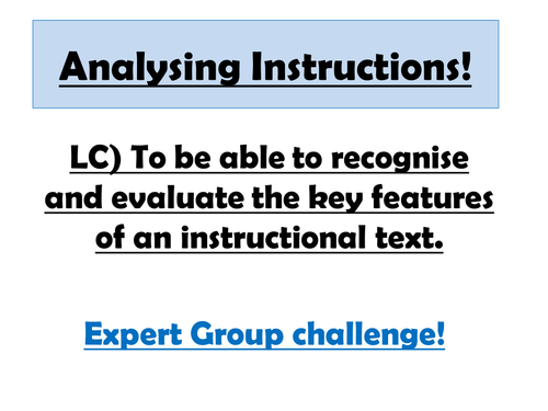 KS2 Key features of instructions: text analysis activity for HA and MA.