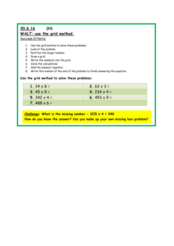 Multiplication using the grid method activity worksheet including a challenge (Maths KS2)