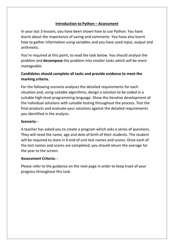 OCR Computer Science 1-9: - Introductory Assessment - Python