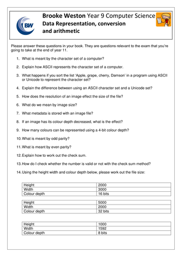 OCR Computer Science 1-9: - Image Representation Worksheet