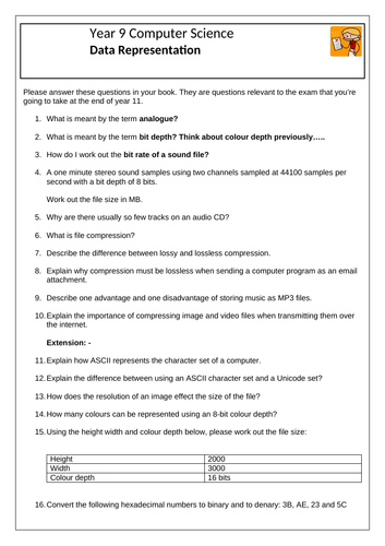 ocr computer science 1 9 sound representation worksheet teaching resources