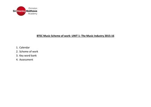 Unit 1-The Music Industry SOW BTEC Level 1/2