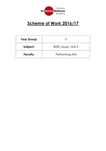 Unit 5- Introducing Music Performance BTEC level 1/2