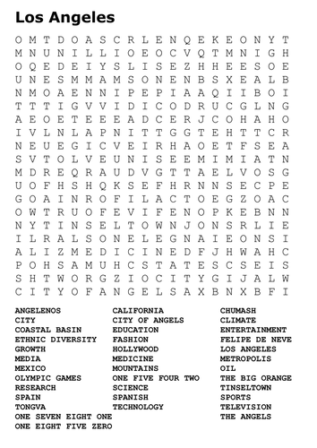 Los Angeles Word Search By Sfy773 Teaching Resources Tes