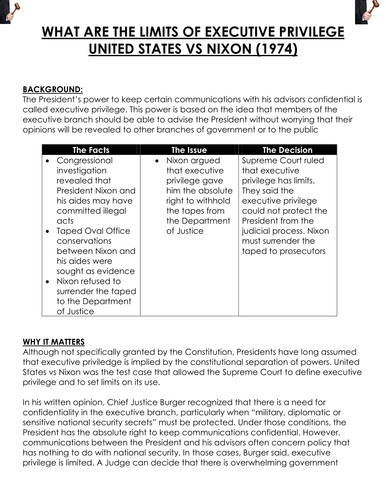 worksheet/ Supreme court case: WHAT ARE THE LIMITS OF EXECUTIVE