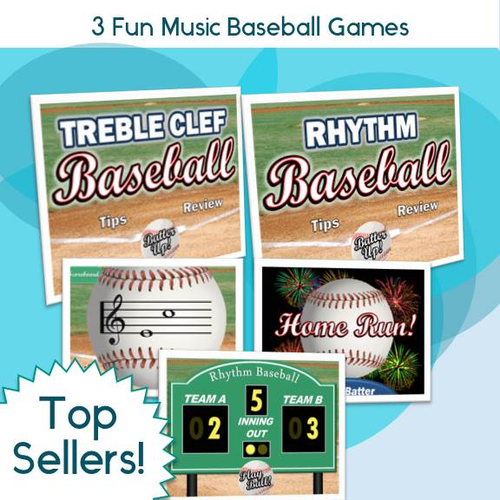 Music Baseball PowerPoint Game Bundle - Treble Clef and Rhythm Level 1