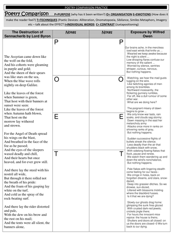 POETRY COMPARISON GCSE Worksheet EXPOSURE and THE DESTRUCTION OF SENNACHERIB