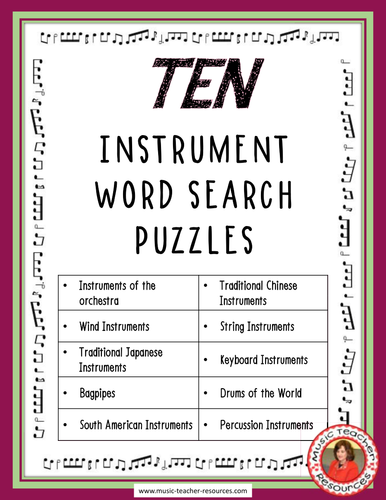 TEN Instrument Word Search Puzzles