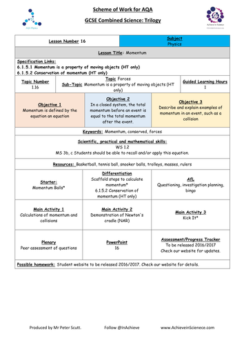 NEW Lesson 16 Momentum 1 (09/2016) Physics Combined Science Trilogy (AQA) – Paper 2