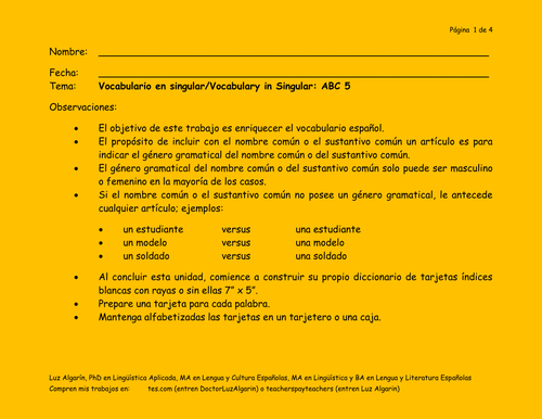 Vocabulario en singular/Vocabulary in Singular: ABC 5