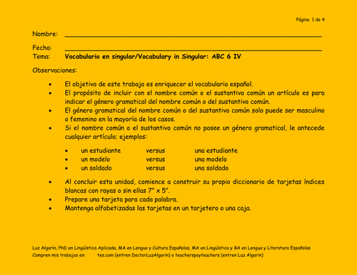 Tema:	Vocabulario en singular/Vocabulary in Singular: ABC 6 IV