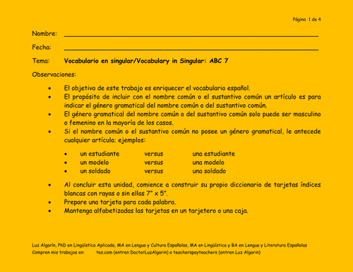 Tema:	Vocabulario en singular/Vocabulary in Singular: ABC 7