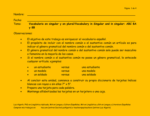 Tema:	Vocabulario en singular y en plural/Vocabulary in Singular and in Spanish: ABC 8A/B
