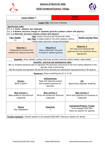 L3: Electrons in Bonding (NEW – 09/16) Chemistry Combined Science Trilogy (AQA) – Paper 1