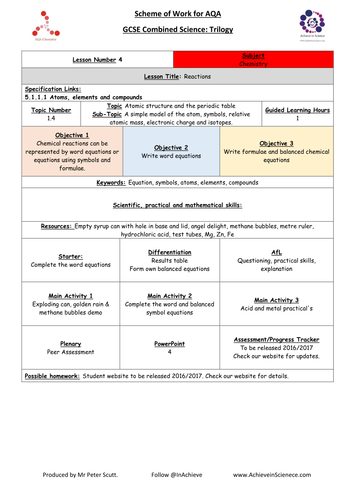 L4: Chemical Reactions (NEW – 09/16) Chemistry Combined Science Trilogy (AQA) – Paper 1