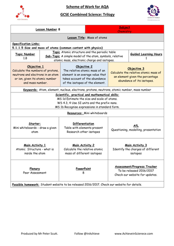 L8 Mass of Atoms (NEW – 09/16) Chemistry Combined Science Trilogy (AQA) – Paper 1