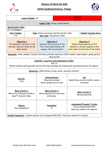 L12 Group 1 Alkali Metals (NEW – 09/16) Chemistry Combined Science Trilogy (AQA) – Paper 1