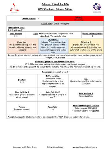 L13 Group 7 Halogens (NEW – 09/16) Chemistry Combined Science Trilogy (AQA) – Paper 1