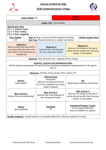 L14 Ionic Bonding (NEW – 09/16) Chemistry Combined Science Trilogy (AQA) – Paper 1