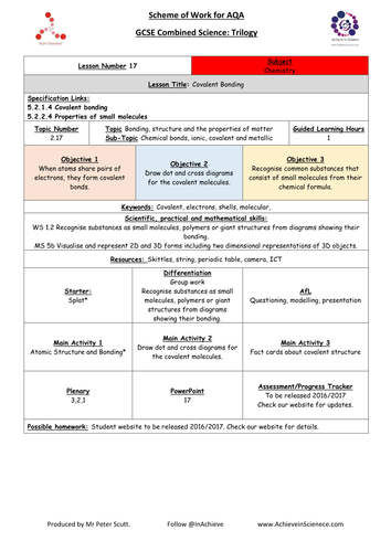 L17 Covalent Bonding (NEW – 09/16) Chemistry Combined Science Trilogy (AQA) – Paper 1