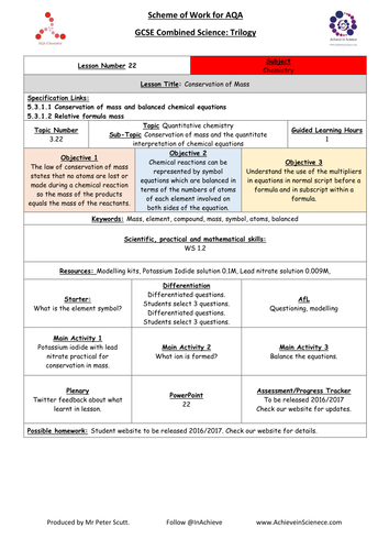 L22 Conservation of Mass (NEW – 09/16) Chemistry Combined Science Trilogy (AQA) – Paper 1