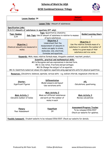 L24 Amount of Substance (NEW – 09/16) Chemistry Combined Science Trilogy (AQA) – Paper 1