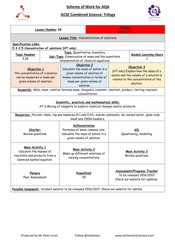 L28 Concentrations in Solutions (NEW – 09/16) Chemistry Combined Science Trilogy (AQA) – Paper 1