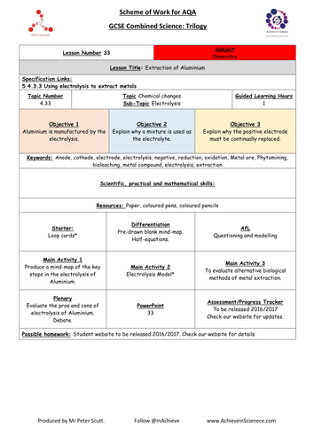 L33 Extraction of Aluminium  (NEW – 09/16) Chemistry Combined Science Trilogy (AQA) – Paper 1