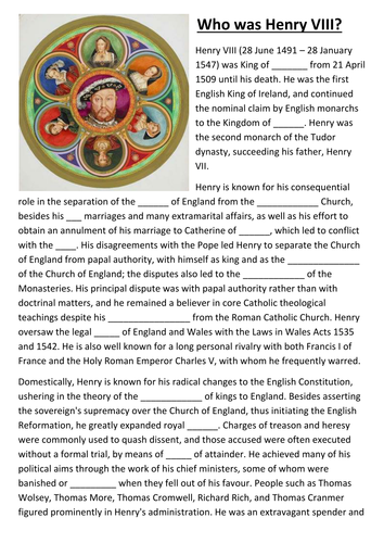 Who was Henry VIII Cloze Activity