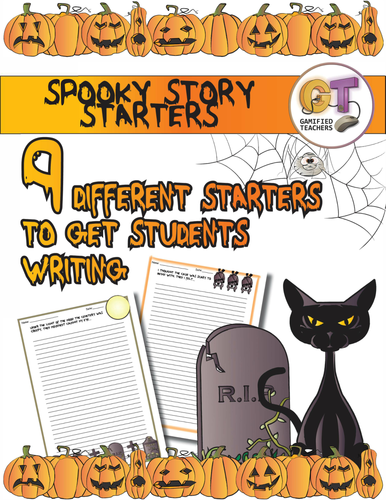 Spooky Stories - 9 Narrative Writing Prompts, colorful border, writing lines