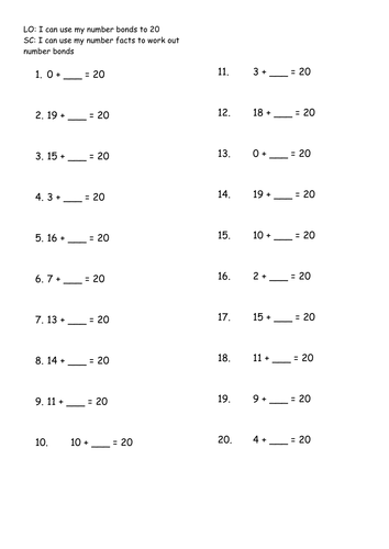 Number bonds to 20 - Worksheets - Differentiated - New Curriculum by