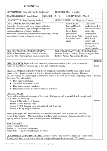 Example of a lesson plan for sensory analysis for sugar in cakes.