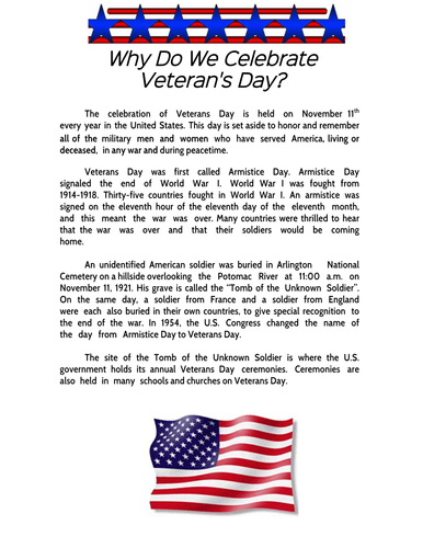 Veterans Day Comprehension Sheet