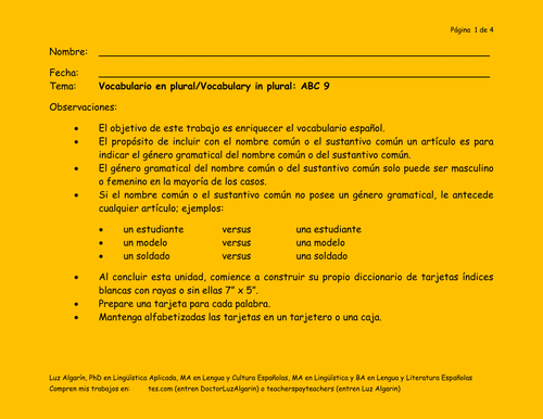 Tema:	Vocabulario en plural/Vocabulary in Plural: ABC 9