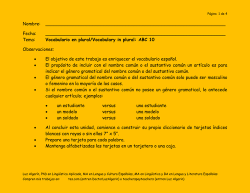 Tema:	Vocabulario en plural/Vocabulary in Plural: ABC 10