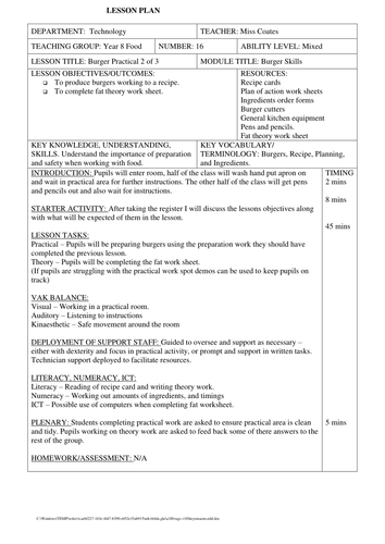 KS3 Food Technology Burgers SOW 4  Full written lesson plans.